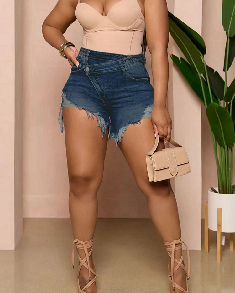 Diagonal Button Design Raw Edge Ripped Cool Style Denim Shorts Hot Pants