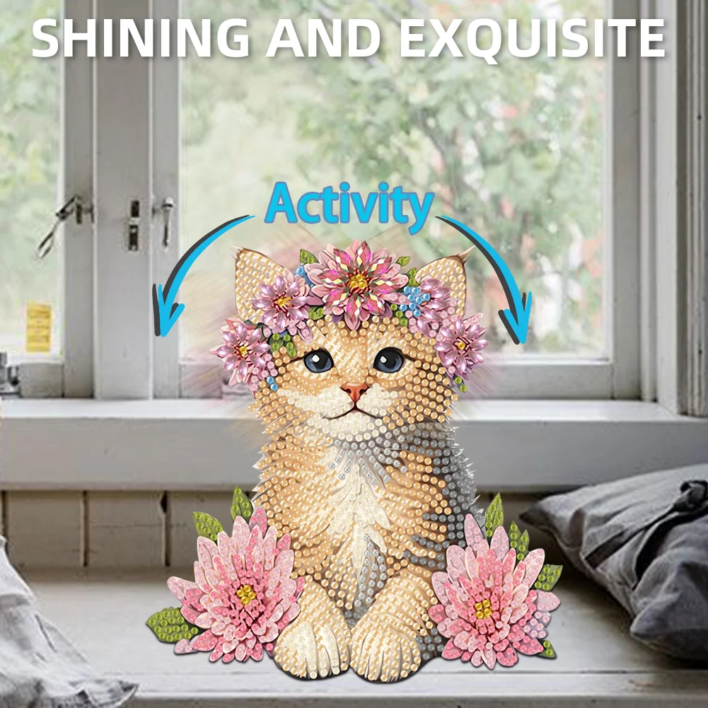 2D Flat Cat DIY Shaking Head Cat Pink Flower Diamond Painting Desktop Decoration