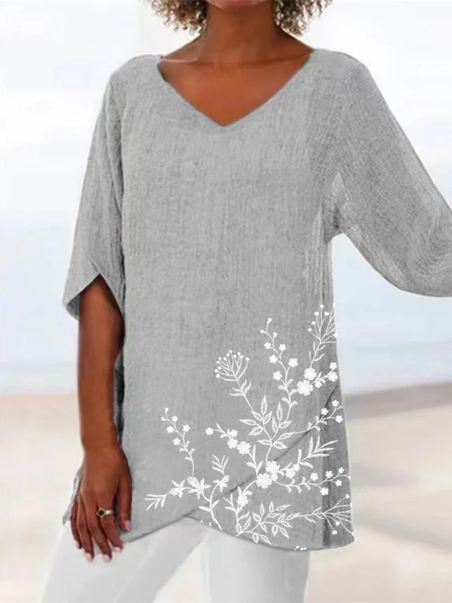 Women Asymmetrical  Half Sleeve V-neck Floral Printed Solid Tops