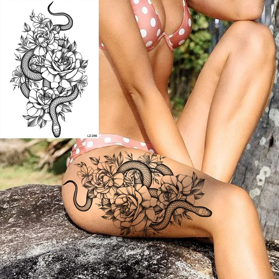 Sdrawing Large Rose FLower Temporary Tattoos For Women Adults Henna Skull Compass Snake Flower Fake Tattoo Sticker Leg Tatoos Thigh