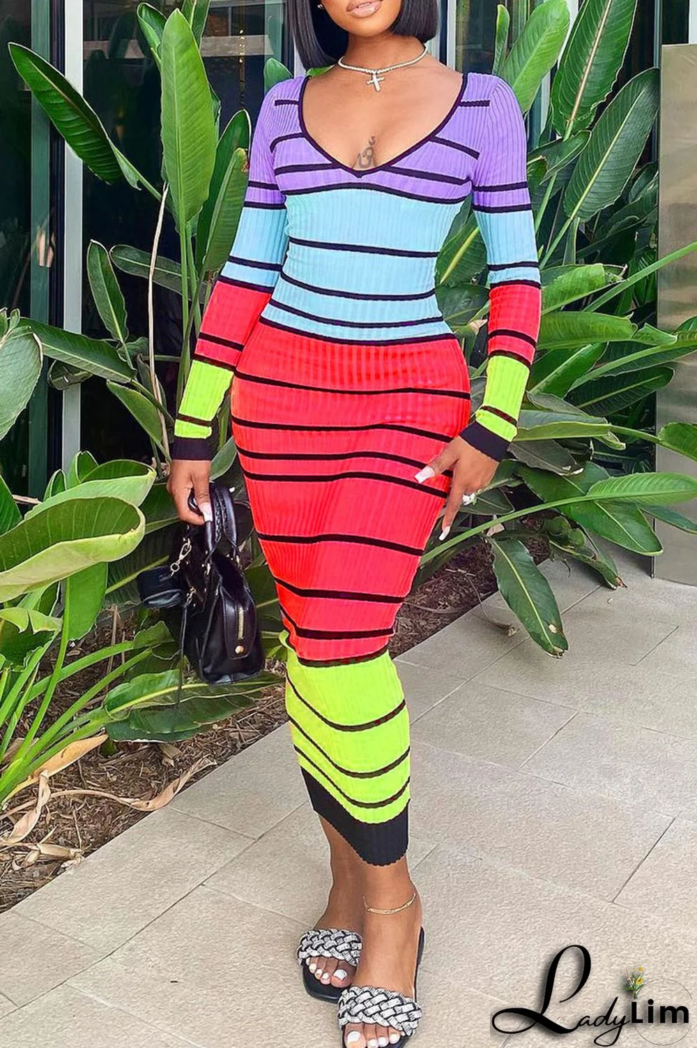 Pink Sexy Striped Print Patchwork V Neck Pencil Skirt Dresses
