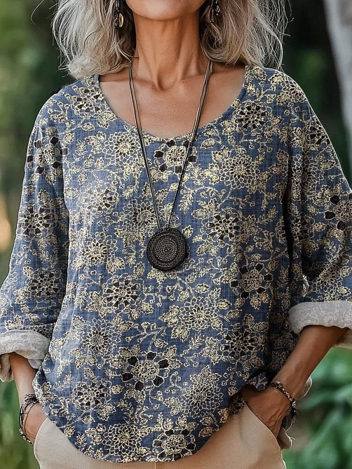 Women's Vintage Ethnic Floral Art Print Casual Cotton And Linen Shirt