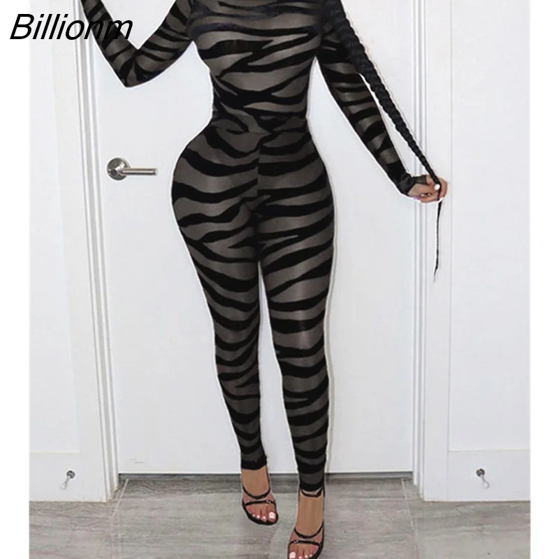 Billionm Women Sheer Mesh Print Skinny Jumpsuit O-Neck Long Sleeve Romper