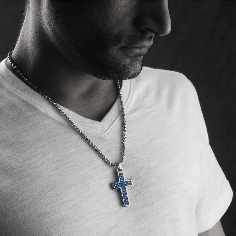 Women's Or Men's Unique Tungsten Cross Pendant. 4mm Wide Surgical Stainless Steel Box Chain. Blue Carbon Fiber Inlay. Necklace Jewelry Gifts For Mens And Womens