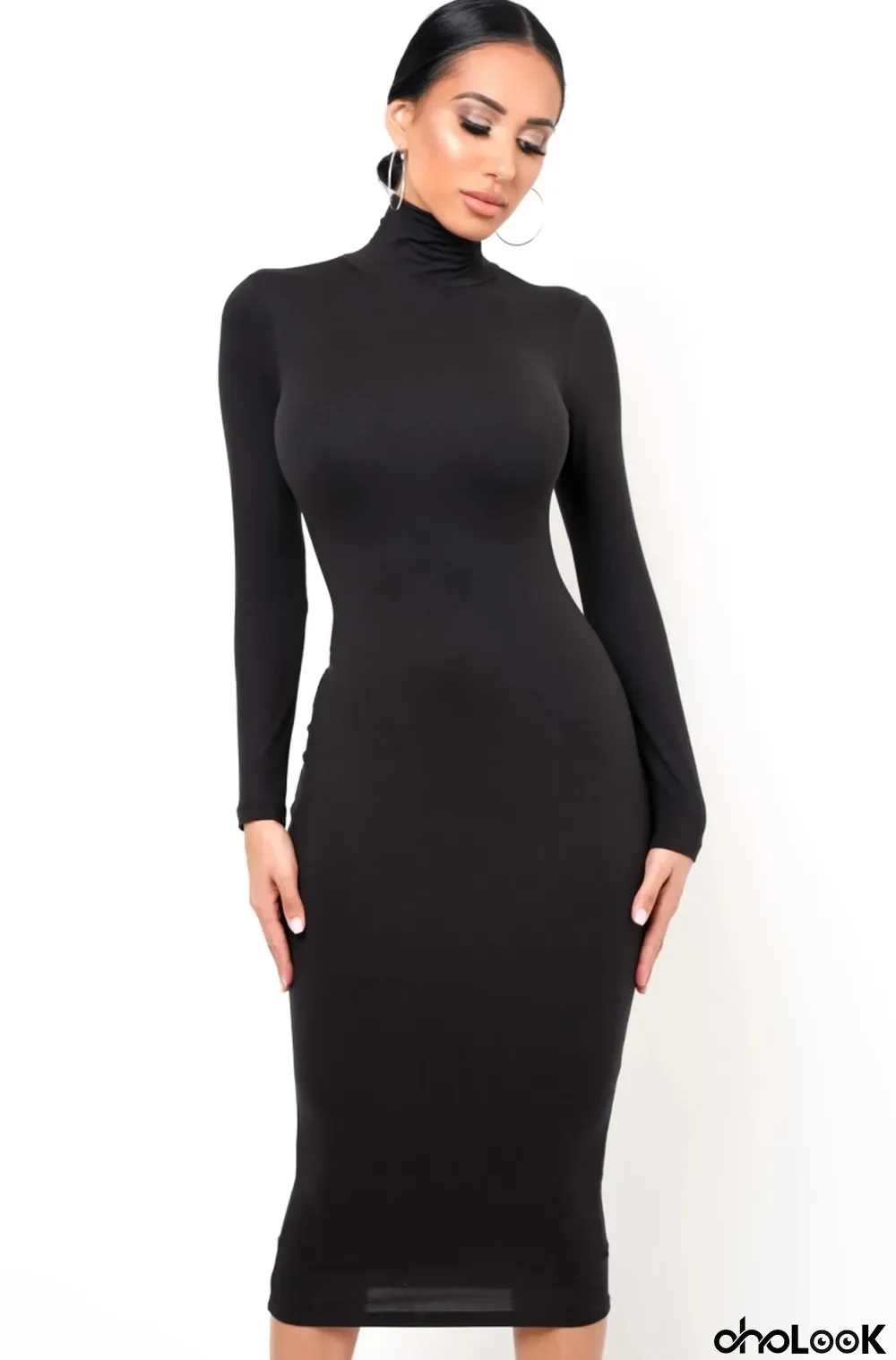 Autumn Elegant Black High Neck Long Sleeve Midi Dress