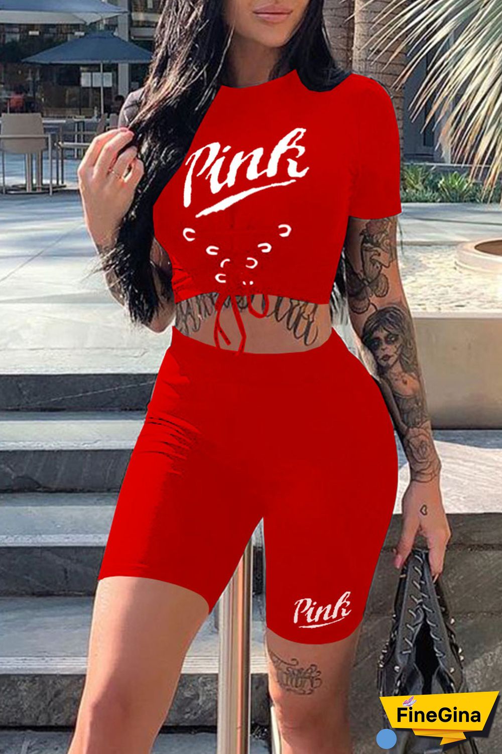 Black Casual Sportswear Print Bandage Patchwork O Neck Short Sleeve Two Pieces