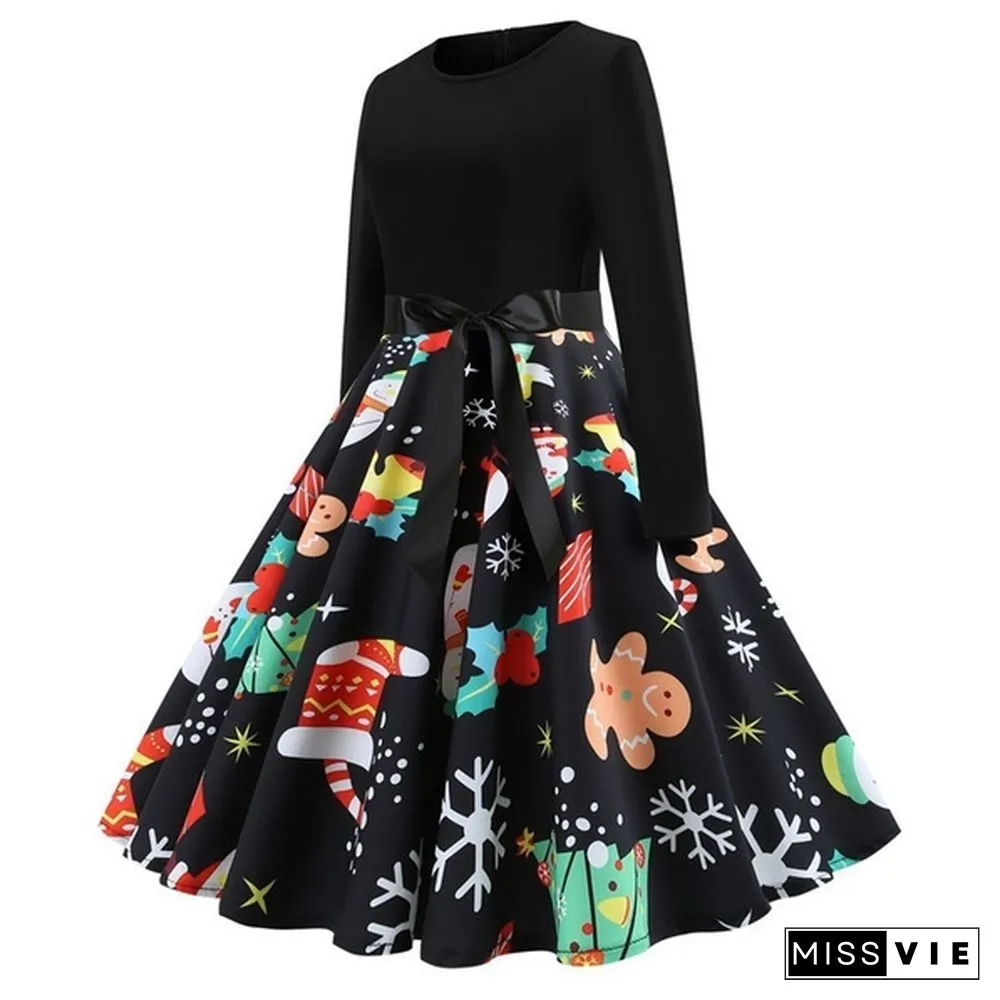 Fashion Women Christmas Swing Party Dress Printing Long sleeve Festival prom belt evening