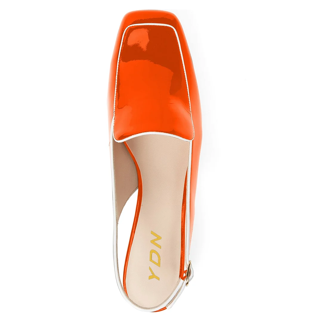Women's Shiny Orange Patent Leather Slingback Loafers with Block Heels
