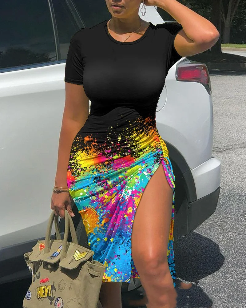 Summer Drawstring Dress Women Fashion Print V-neck Short-sleeved Drawstring Tight Tshirt Dress Women