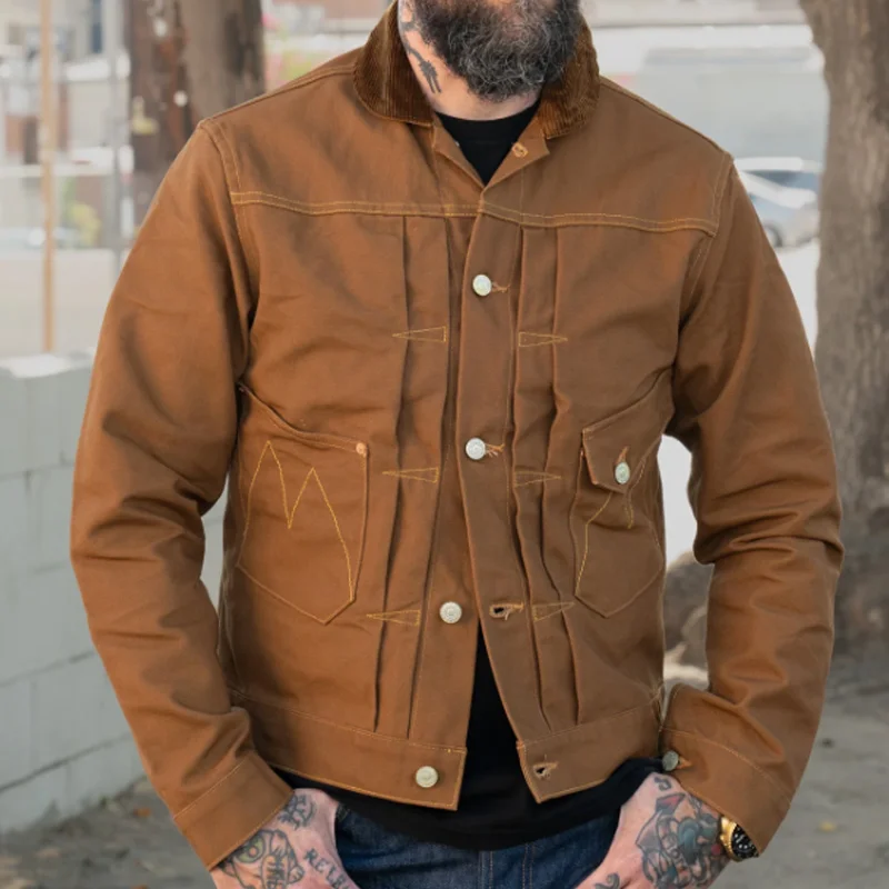 Vintage 12oz 100% Cotton Distressed Corduroy Collar Paris Buckle Jacket