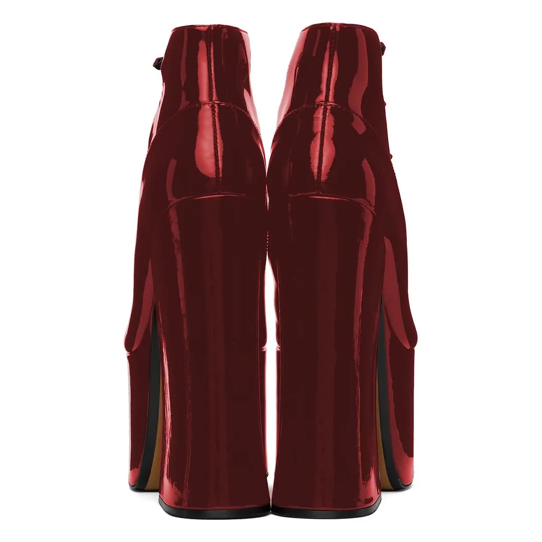 Red Patent Leather Round Toe Buckle Strappy Platform Pumps