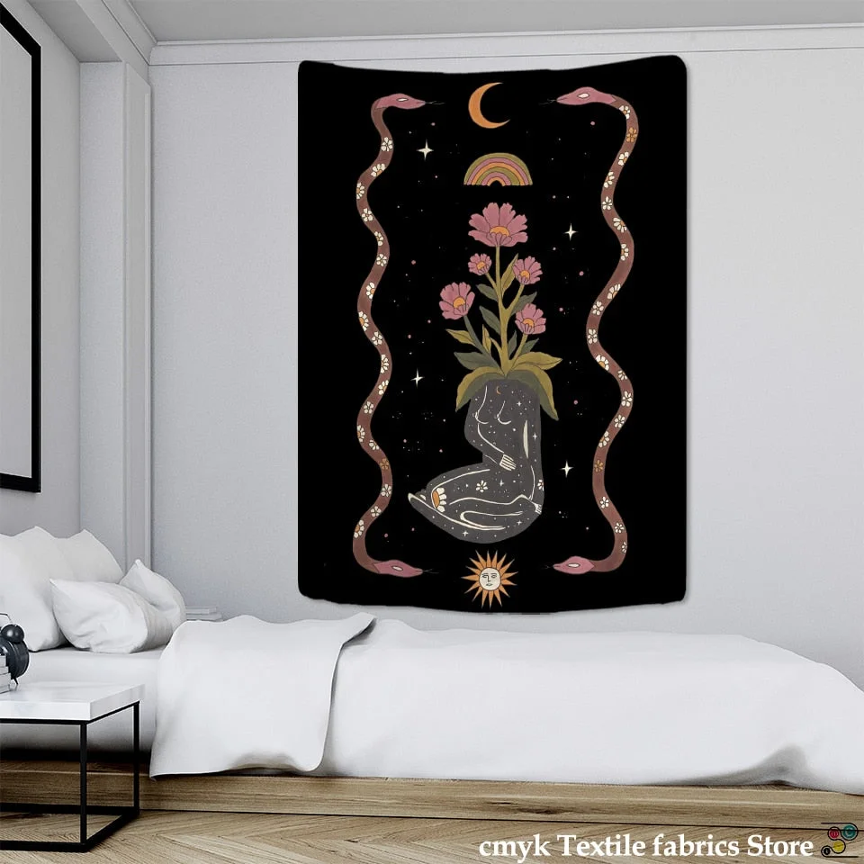 Tarot Tapestry Wall Hanging Astrology Sun Moon Goddess Star Plant Flower Bohemian Witchcraft Home Decor