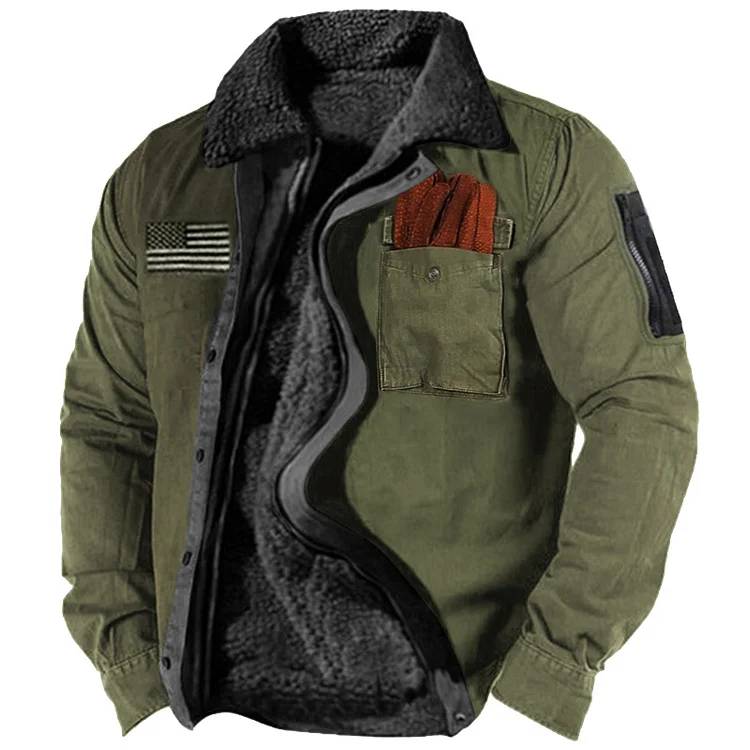 Men's Vintage Outdoor Training Lined Fleece Zip Tactical Shirt Jacket