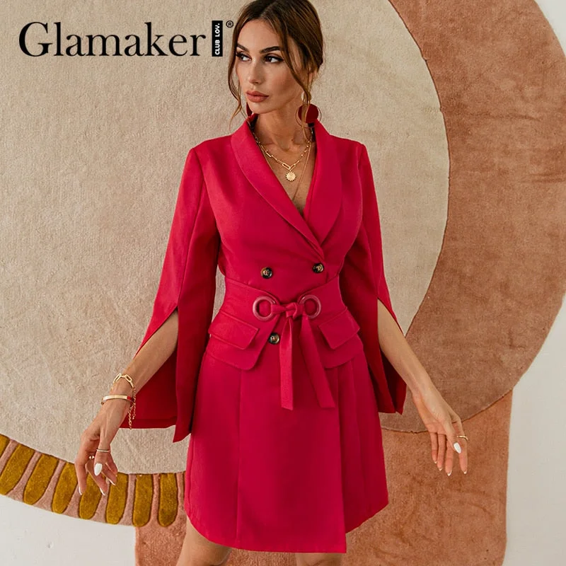 Glamaker Red belt short blazer dress Women casual girdle decorated dress Straight sexy winter autumn fashion elegant short dress