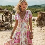 Vintage Boho Roses Pattern V Neck Flowy Linen Maxi Dress - Image 2