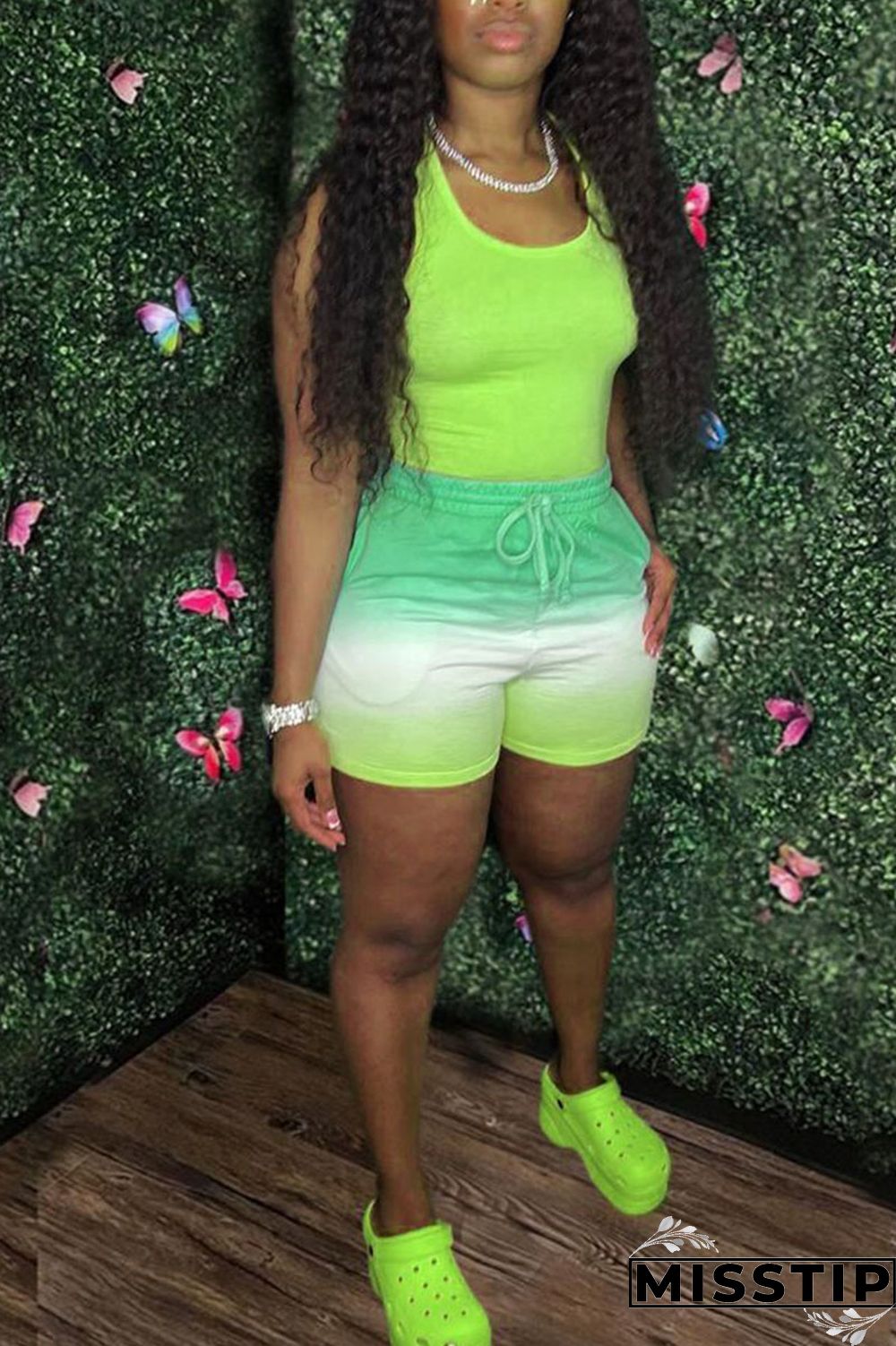 Fluorescent Green Casual Gradual Change Print Patchwork U Neck Sleeveless Two Pieces