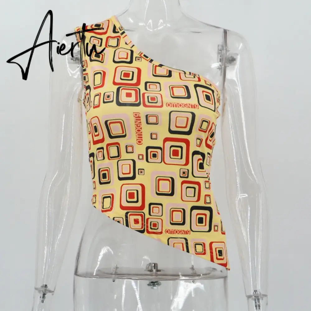 Yellow Geometry Print One Shoulder Tank Top Women Vintage Slim Fit Asymmetric Vest Harajuku Grunge Crop Top Summer Streetwear Aiertu