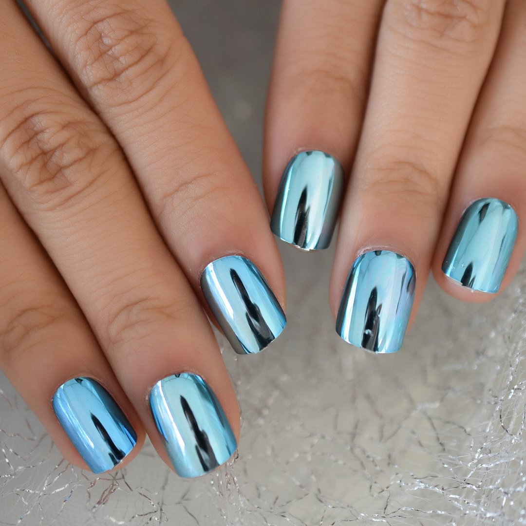 Sapphire Color Glossy Sapphire Chrome Medium-Short Nails Full Cover Nails Square Press On Nails Tips Fingernails Art EchiQ 24pcs