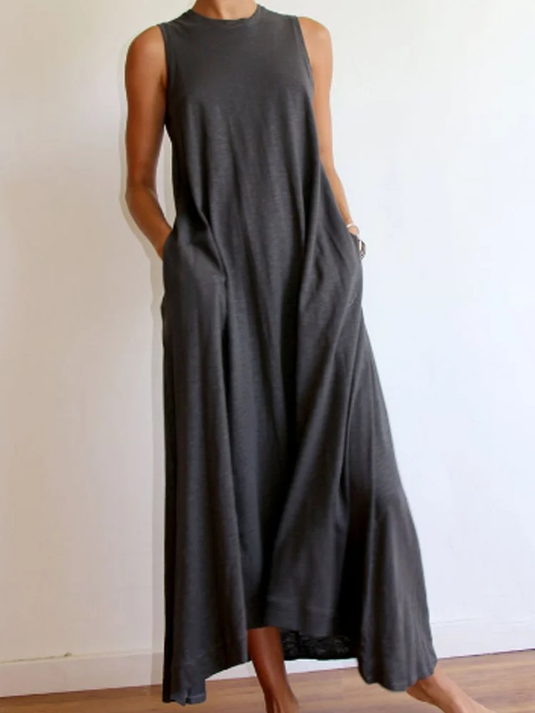 Crew Neck Solid Sleeveless Cotton-Blend Dresses