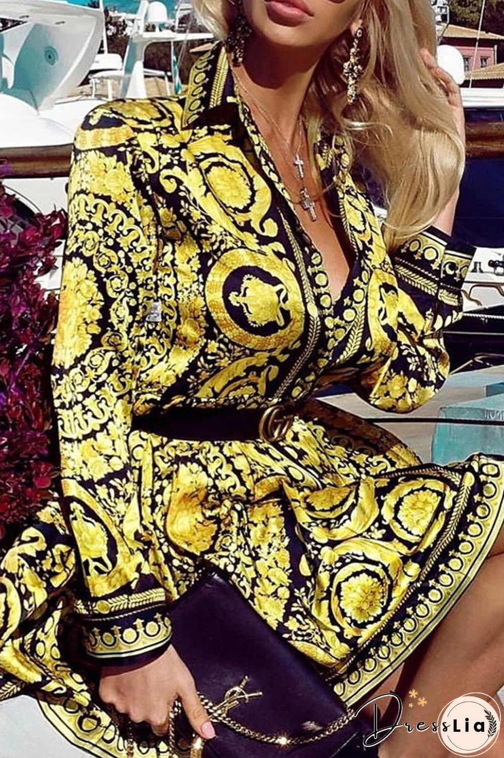 Paisley Print Long Sleeve Dress(Without Belt)