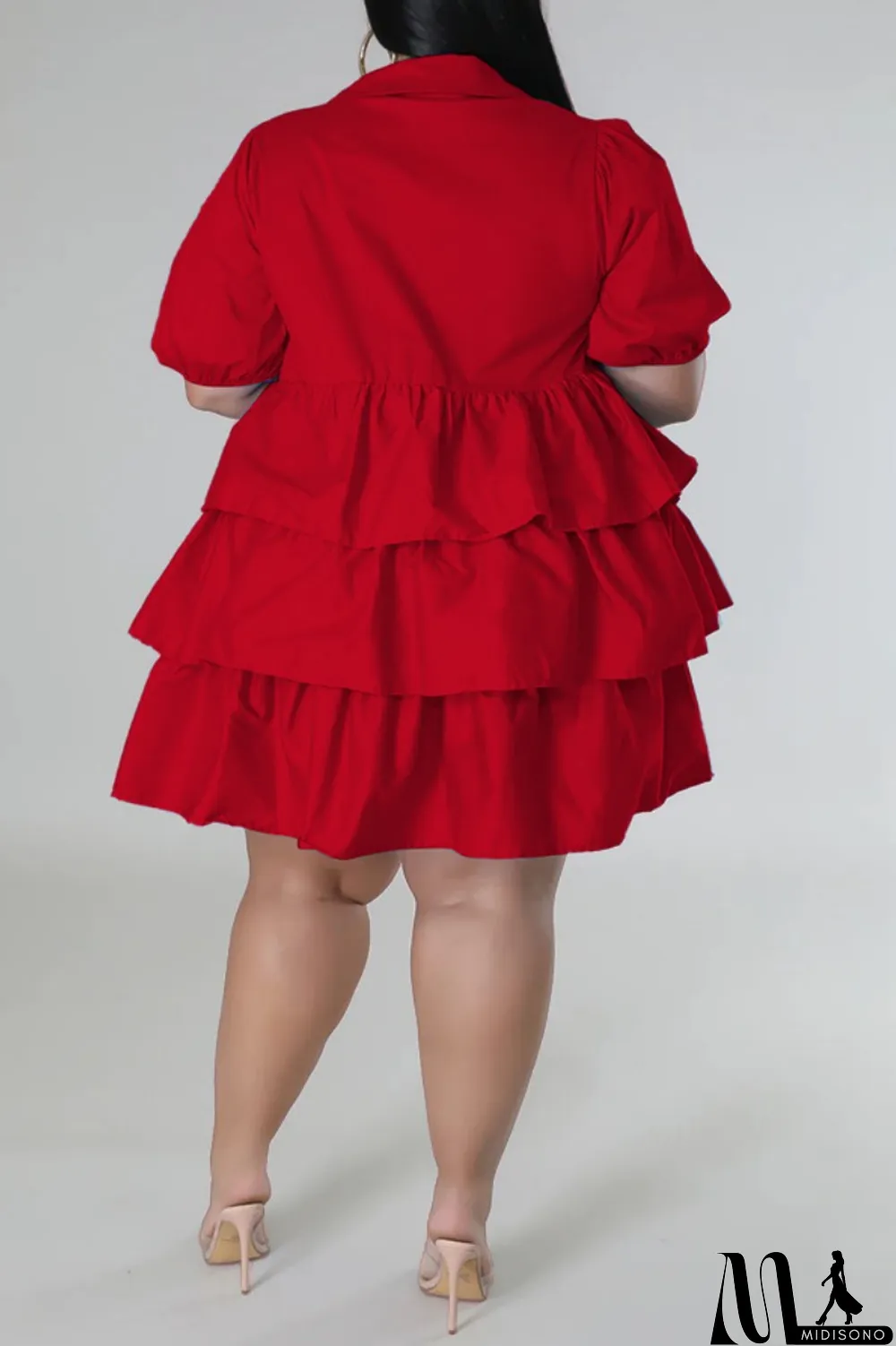 MidiSono - Light Blue Casual Solid Patchwork Turndown Collar Cake Skirt Plus Size Dresses