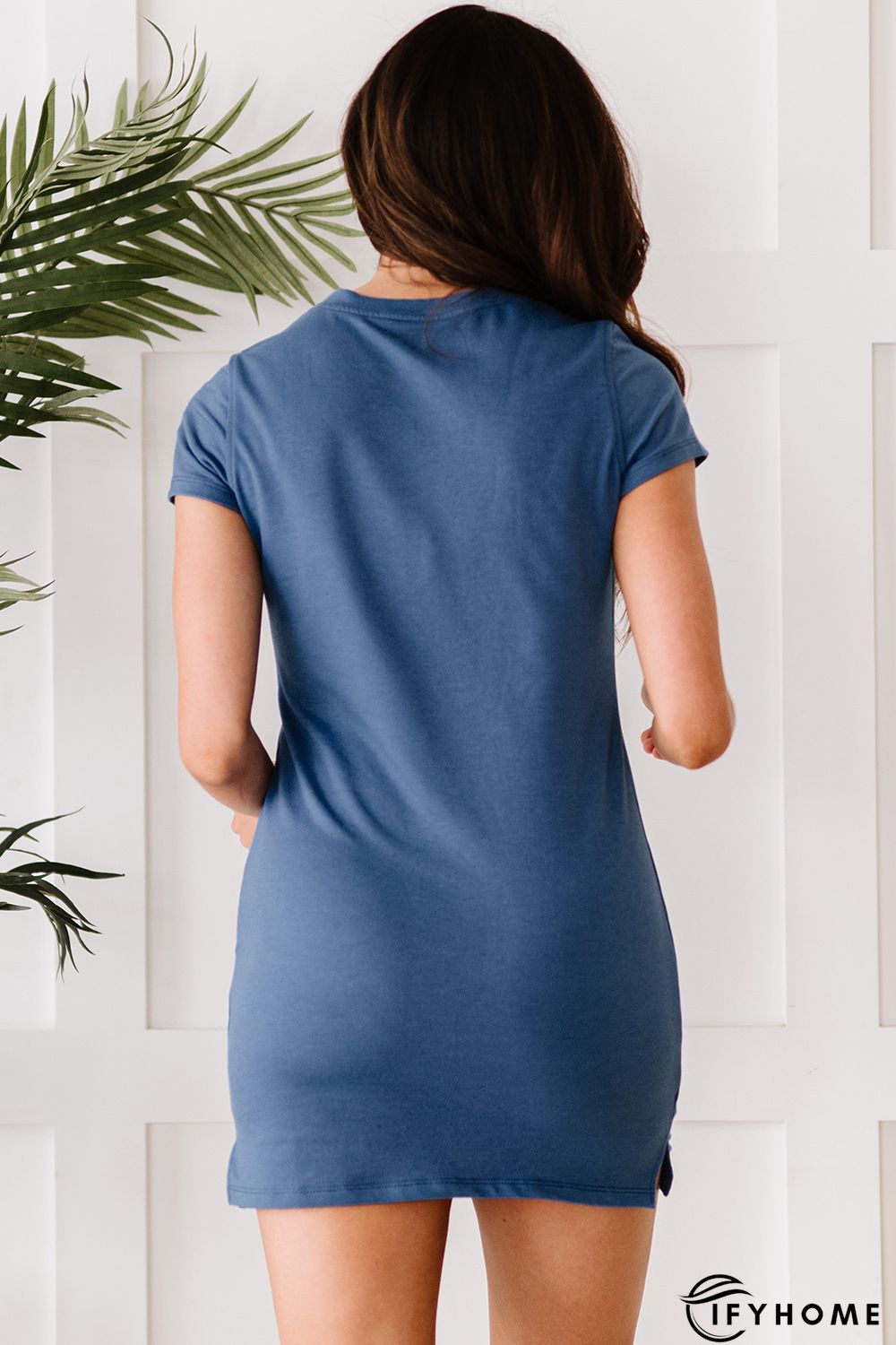 Blue Crew Neck Short Sleeve Pocket Solid Color Casual Mini Dress | IFYHOME