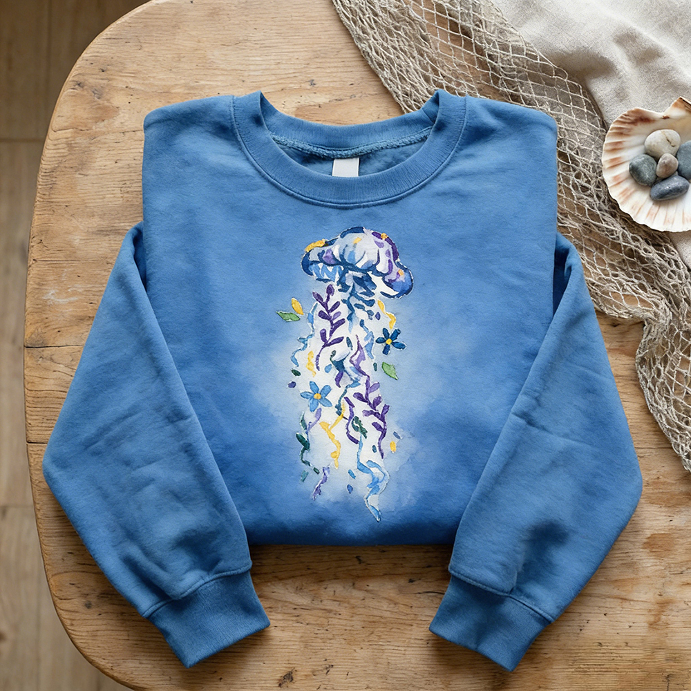 Ocean Floral Jellyfish Art Vintage Cozy Sweatshirt wearshes