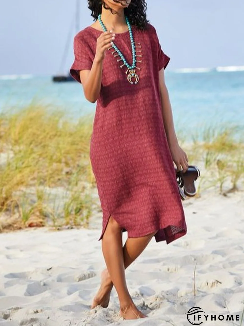 Shift Sweet Floral-Print Crew Neck Weaving Dress | IFYHOME