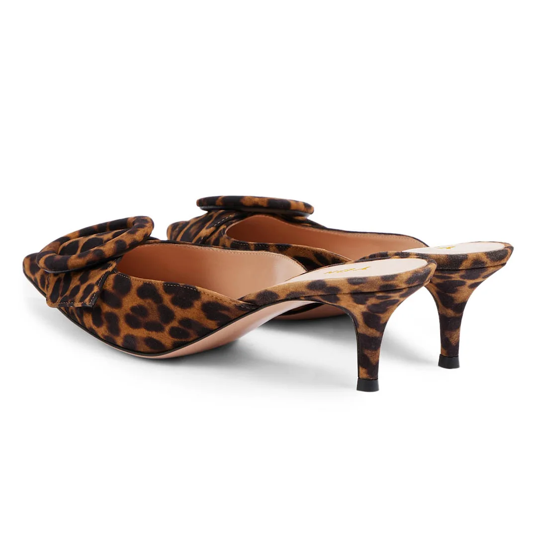 Leopard Print Pointed Toe Stiletto Heeled Mules with Round Buckle