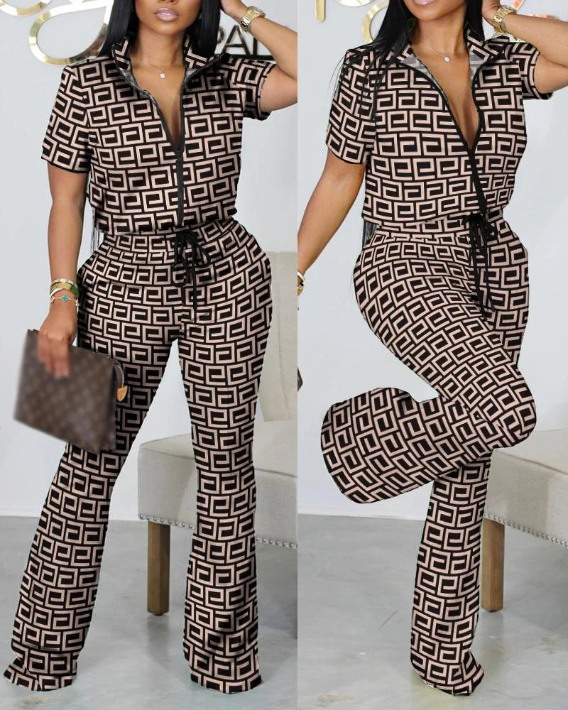 Huibahe Neck Short Sleeve Top Women Two Piece Suits Lace Up Straight Long Pants Sets Print Tight High Waist Office Lady 2023 Summer