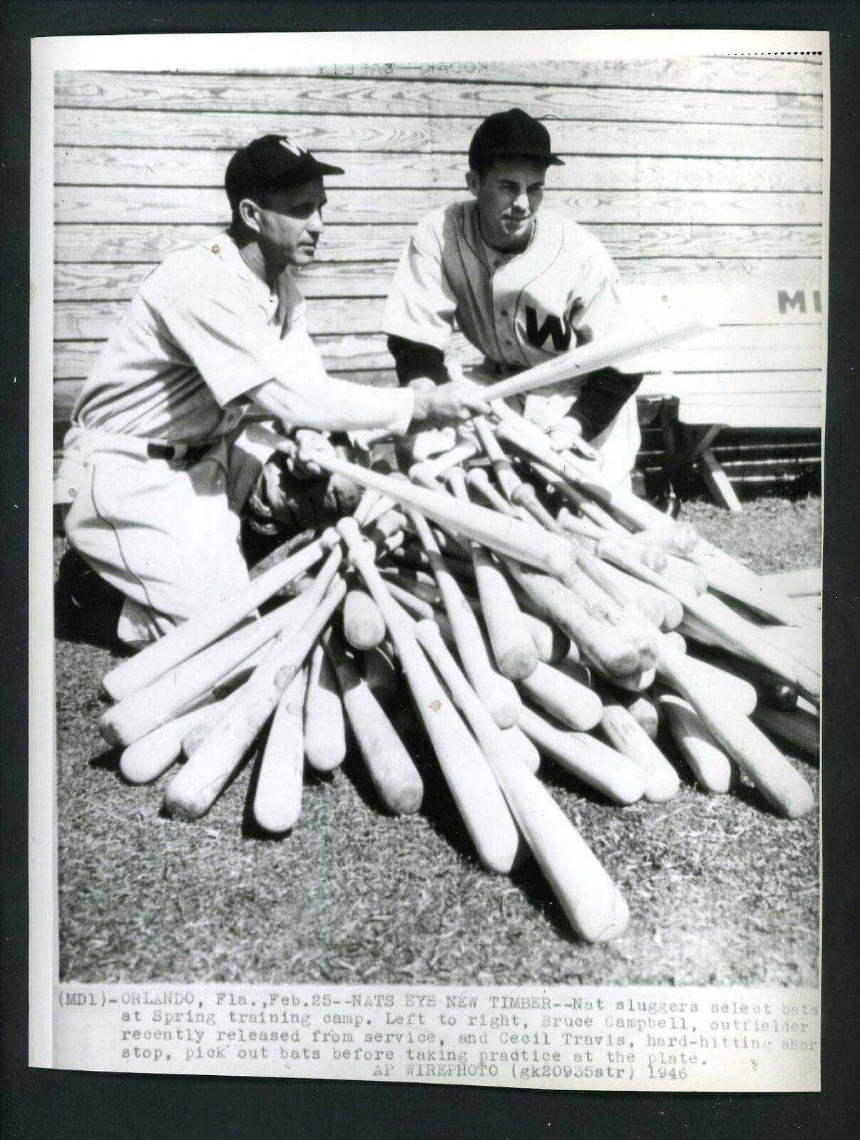 Cecil Travis & Bruce Campbell with new bats 1946 Press Photo Poster painting Washington Senators