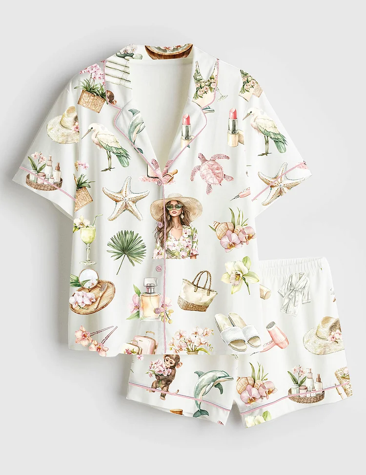 Women&rsquo;s Watercolor Summer Vacation Orchid Spa Resort Travel Summer Vibes Print Short Sleeve Satin Pajama Set