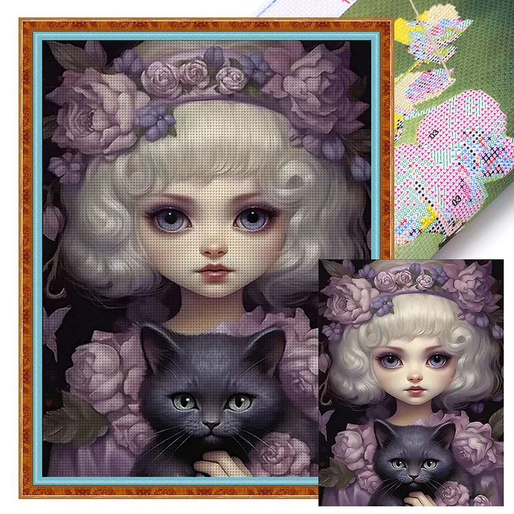 【Huacan Brand】Doll Girl And Black Cat 14CT Stamped Cross Stitch 45*60CM