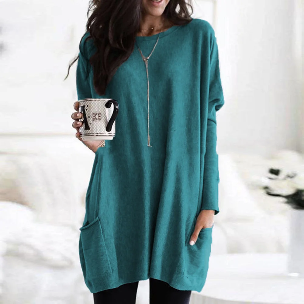 Uveng Autumn Pullover Casual Round Neck Long Sleeve Pocket T-shirt Top