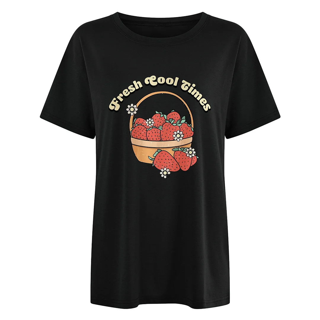 Girl Letter Strawberry Pattern Loose Short Sleeve T-shirt