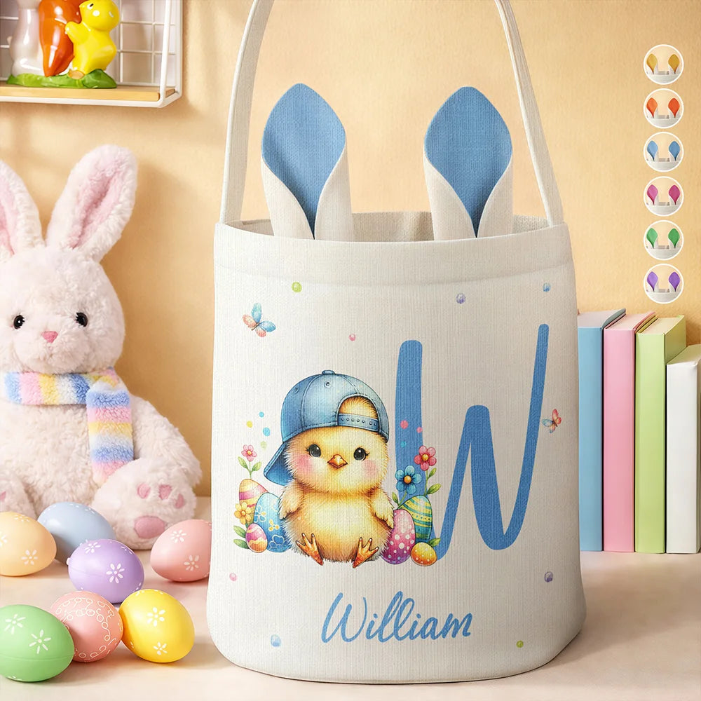 Personalized Easter Bunny Ears Bucket Bag - Custom Name Canvas Bag for Kids Egg Hunt Monogrammed Easter Basket