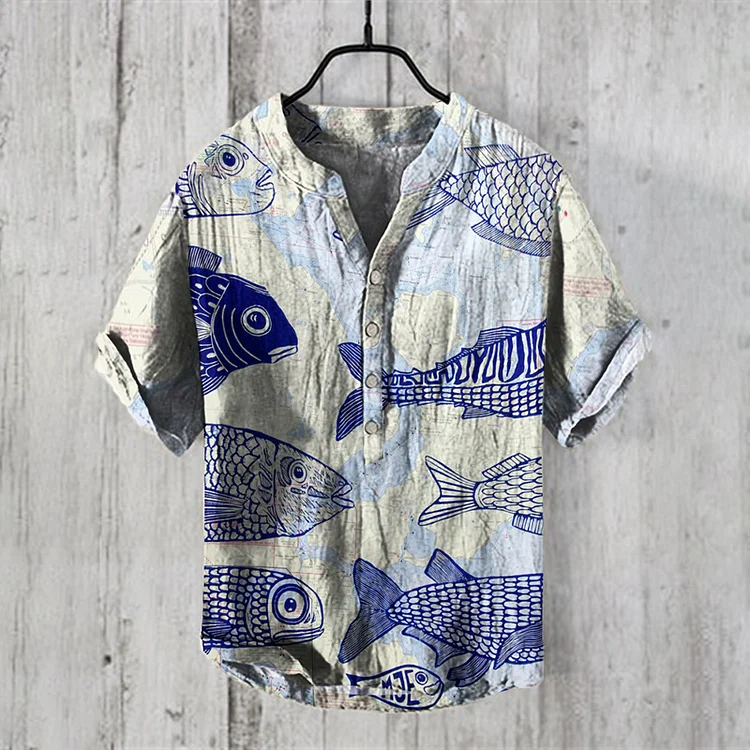 Vintage Japanese Art Fish Map Graphic Linen Blend Cozy Shirt
