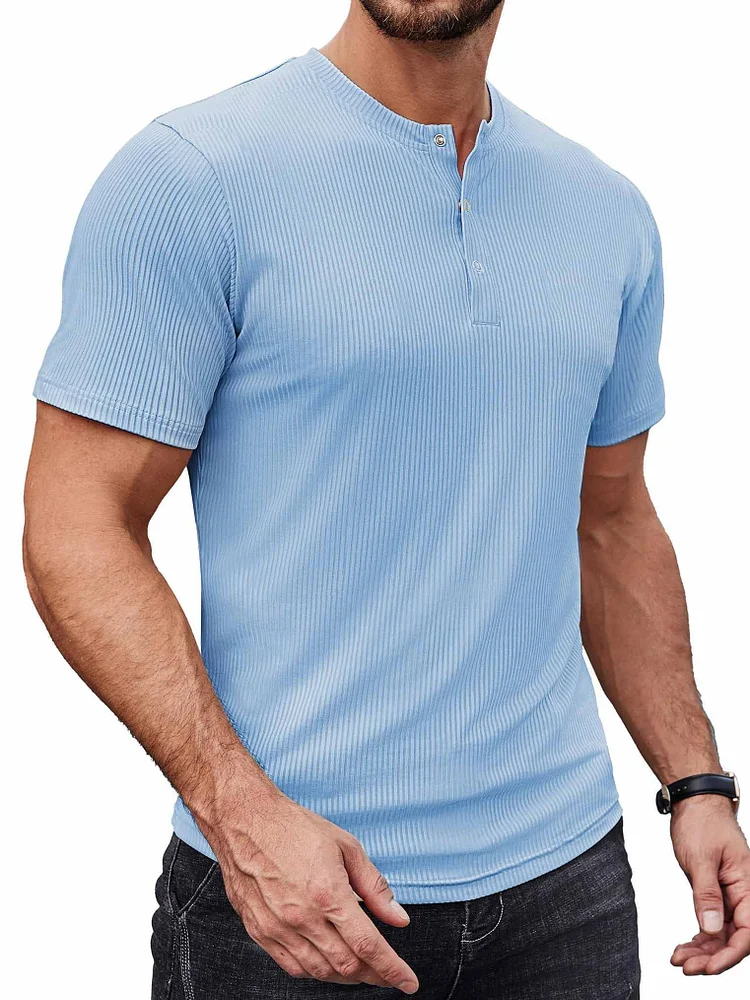 Men's casual pitted fabric button-down short-sleeved henley shirt