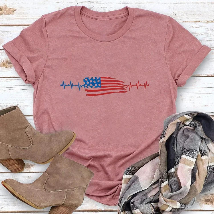 Heartbeat America Flag Round Neck T-shirt-018223