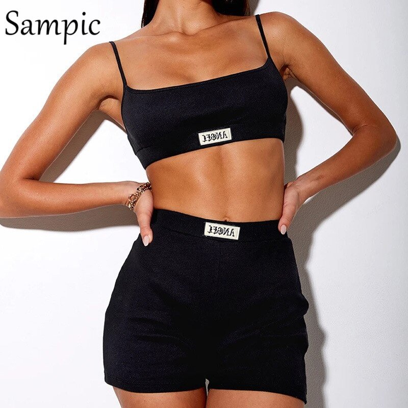 Sampic Sexy Women Summer Fashion Casual Two Piece Set Print Letter Sleeveless Crop Tops And Bodycon Biker Shorts Outfits Suit