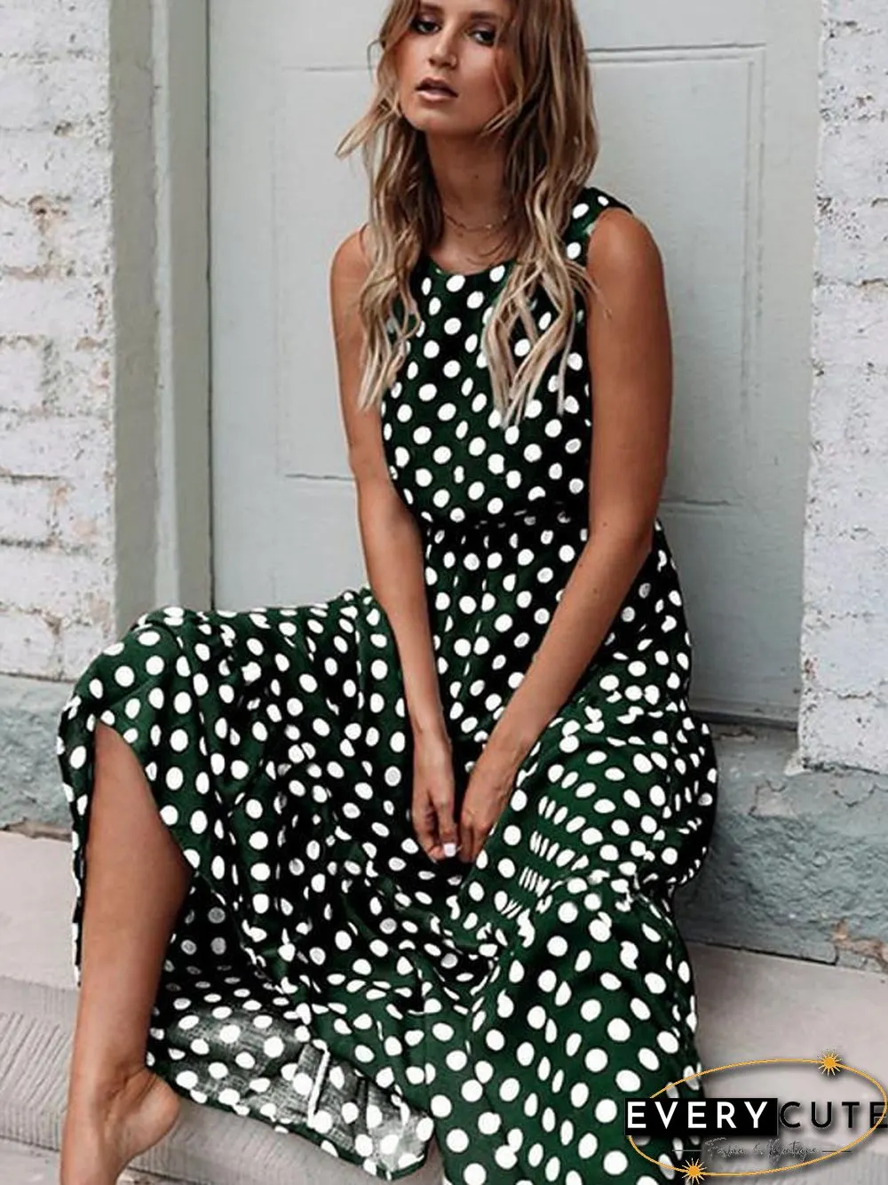 Womens Swing Dress Maxi long Sleeveless Polka Dot Spring Summer Hot Elegant Slim Black
