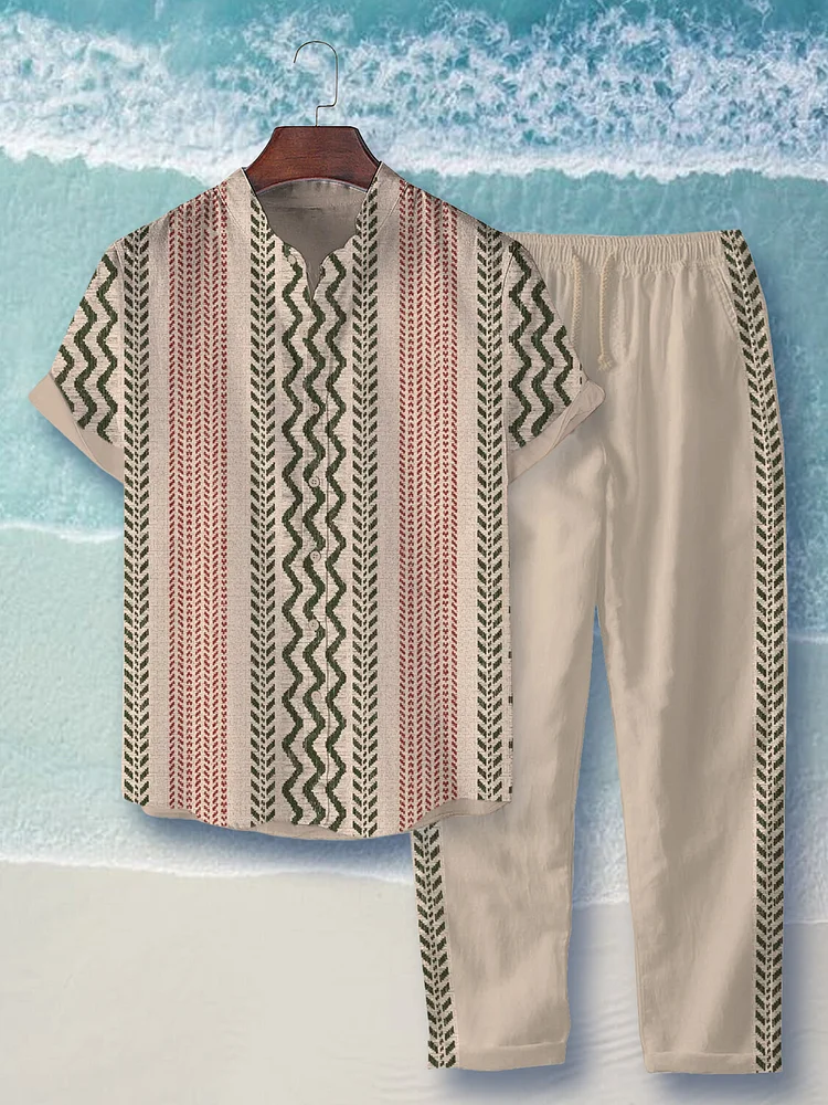 Men's Ethnic Geometric Pattern Vacation Print Short Sleeve Shirt Casual Pants Matching Set