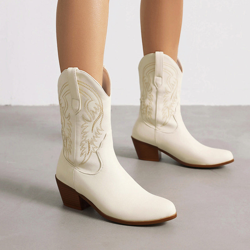 Mid calf cowboy boots embroidery midium chunky heel boots