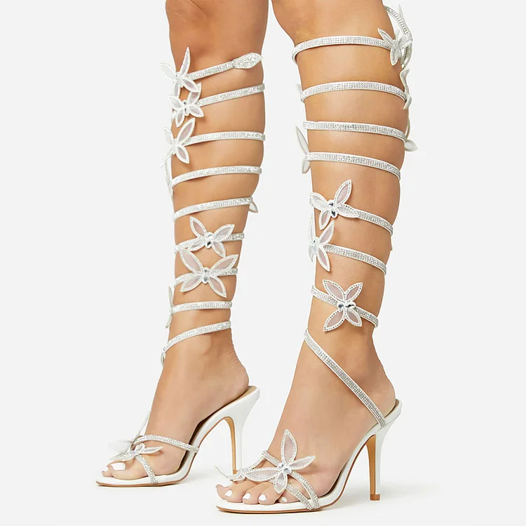 Elegant Knee-High Wrap Strap Heels Rhinestone Butterfly White Sandals |FSJ Shoes