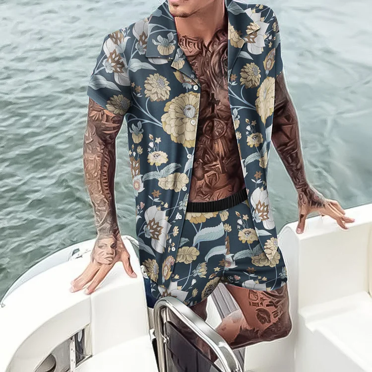 Men Vacation Style Flower Printed Two-piece Suit