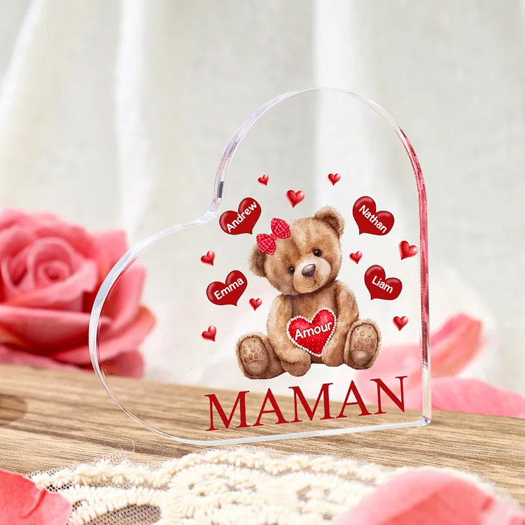 À ma Maman/Mamie - Plaque Acrylique Ours en Forme de Cœur 4 Prénoms Personnalisés avec 1 Texte Jessemade FR