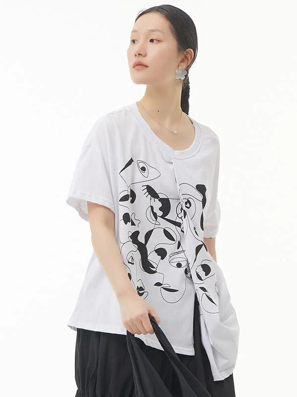 Simple Loose Irregular Printed Split-Side T-Shirt Top