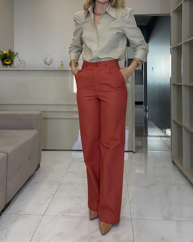 Lapel Button-down Long-sleeved Shirt and Pants Two-piece Set
