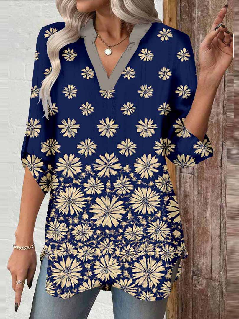 Women Floral, Blue DZGA0043 3/4 Sleeve V-neck Printed Graphic Button Tops