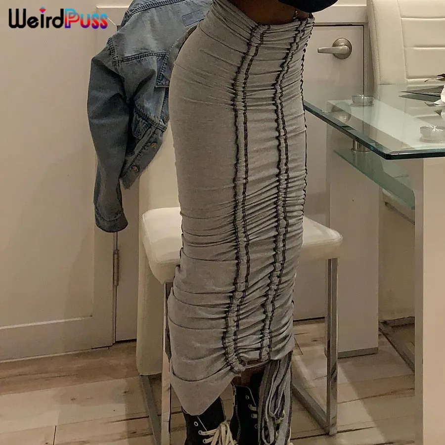 Weird Puss Shirring Casual Two Piece Shorts Sets Lace Up Tank Top+Ruched Long Skirt Fitness Striped Matching Suits Streetwear